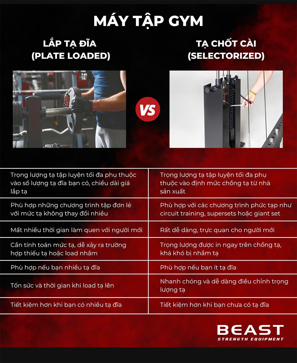 Plate-Loaded - Máy tập gym lắp tạ đĩa và Selectorized - Máy Tập Gym kèm chồng tạ và chốt cài